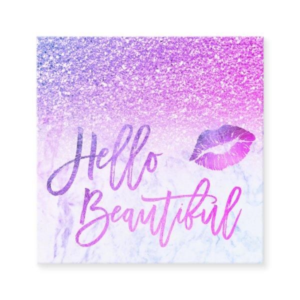 Hello beautiful pink purple glitter ombre marble square