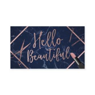 Hello Beautiful Rose Gold Script Navy Marble Salon