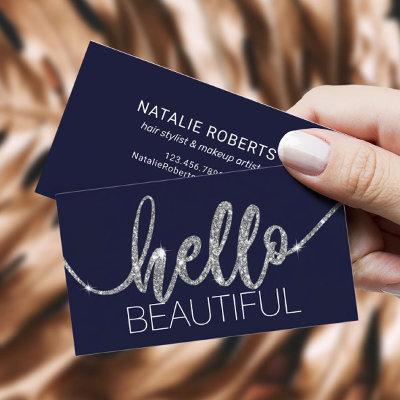 Hello Beautiful Typography Navy Blue Beauty Salon