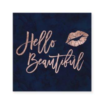 Hello beautiful typography rose gold kiss blue square