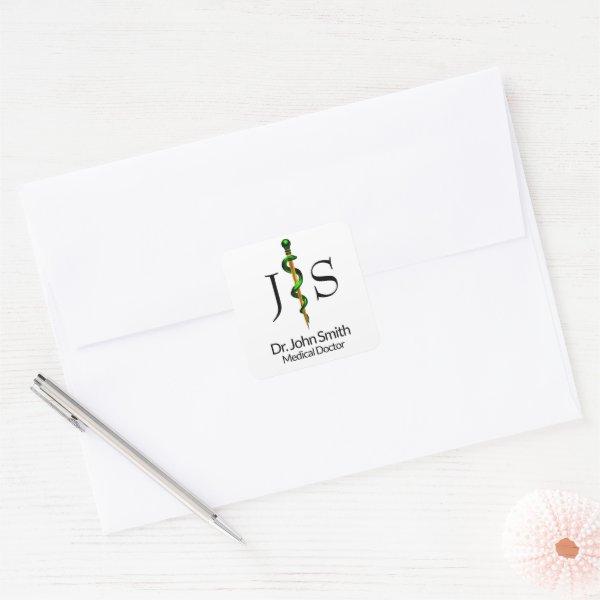 Herbal Green Gold Rod of Asclepius Medical Square Sticker