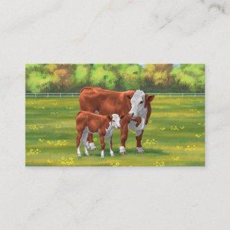 Hereford Cow & Cute Calf in Summer Pasture