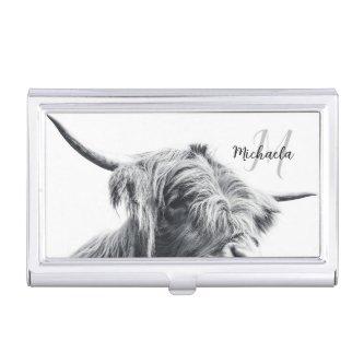 Highland cow portrait initial monogram black white  case