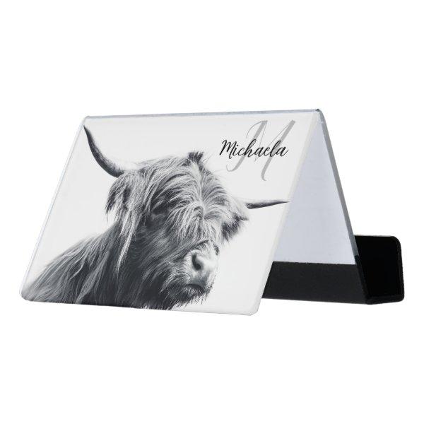 Highland cow portrait initial monogram black white desk  holder