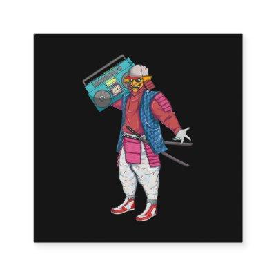 Hip Hop Samurai with Boombox Stereo Retro 80s Square