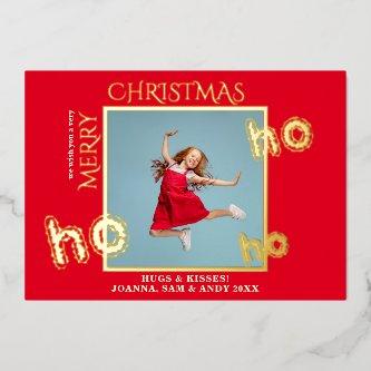 Ho Ho Ho Red Business Family Christmas Photo  Foil Holiday Card