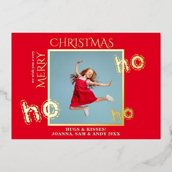Ho Ho Ho Red Business Family Christmas Photo  Foil Holiday Card