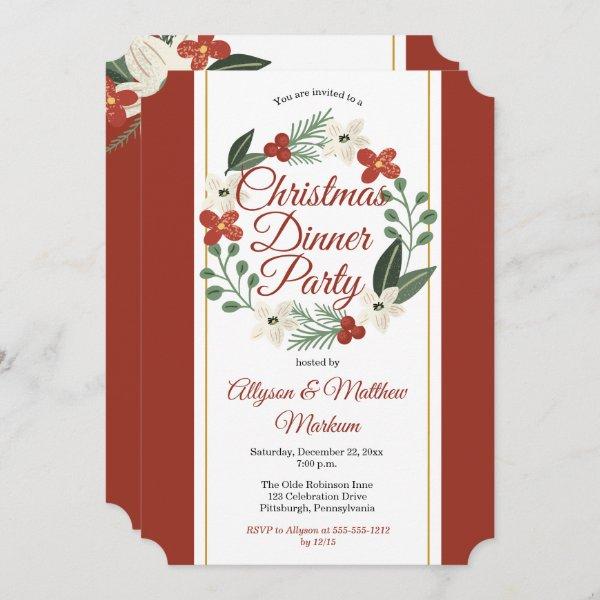 Holiday Floral Wreath Christmas Dinner Party Invitation