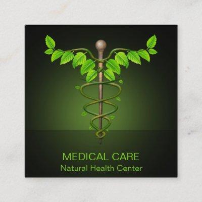 Holistic Alternative Medical Caduceus Green Leaves Square