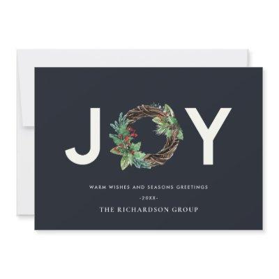 HOLLY BERRY JOY NAVY WREATH CHRISTMAS CORPORATE HOLIDAY CARD