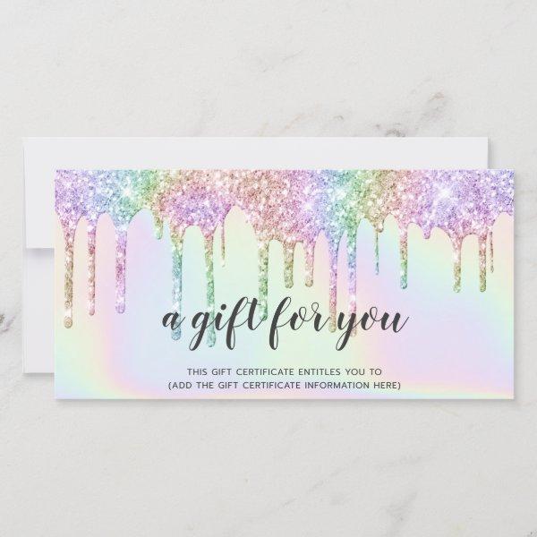Hologram gift certificate unicorn glitter drips