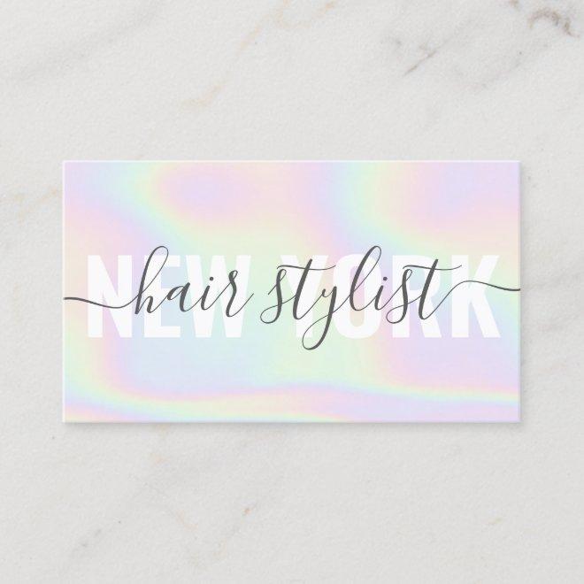 Holographic rainbow script signature hair stylist