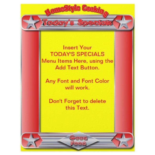 Homestyle Cooking TODAY'S SPECIALS Menu Insert