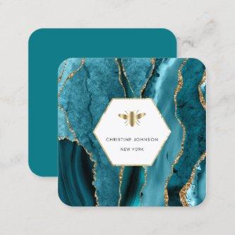 honey bee logo on turquoise agate square