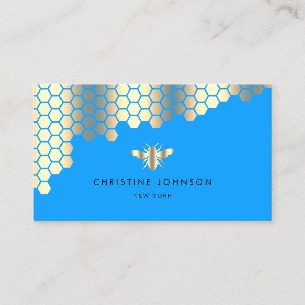 honeycomb faux gold foil bee on neon blue