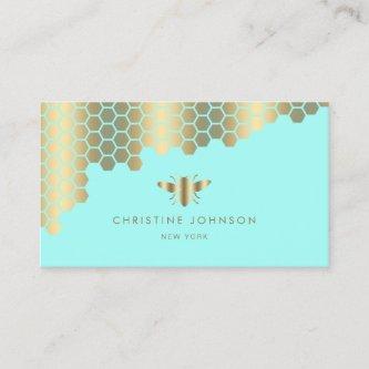 honeycomb faux gold foil bee on turquoise