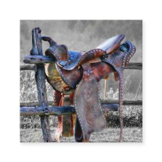 Horse Saddle On Corral Fence Western Square