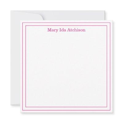 Hot Pink and White Double Border Square Flat Note Thank You Card