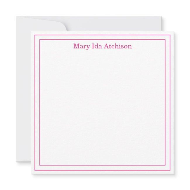 Hot Pink and White Double Border Square Flat Note Thank You Card