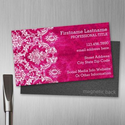 Hot Pink Grunge Damask Pattern Custom Text  Magnet