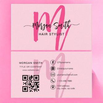 Hot Pink Modern Script QR Code Monogram Name