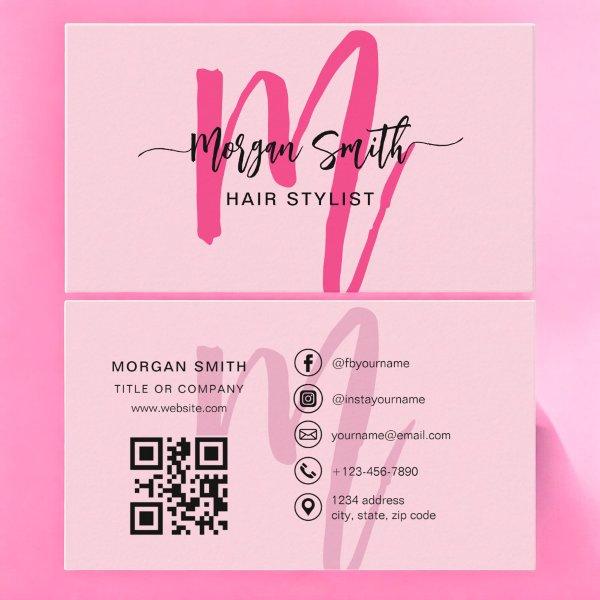 Hot Pink Modern Script QR Code Monogram Name