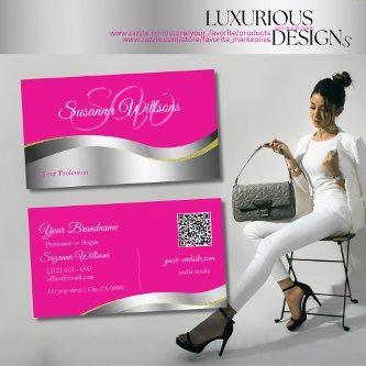 Hot Pink Wavy Silver Decor with Initials QR Code
