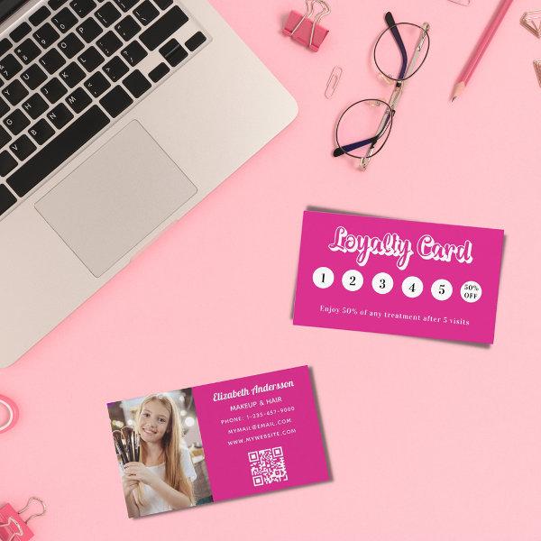 Hot pink white qr code photo makeup loyalty card