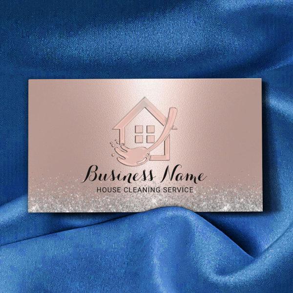 House Cleaning Modern Rose Gold House & Mop Logo