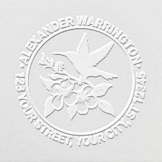 Hummingbird on Floral Branch Name Return Address Embosser