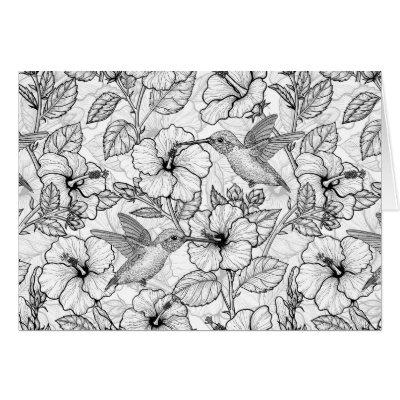 Hummingbirds and hibiscus flowers b&w