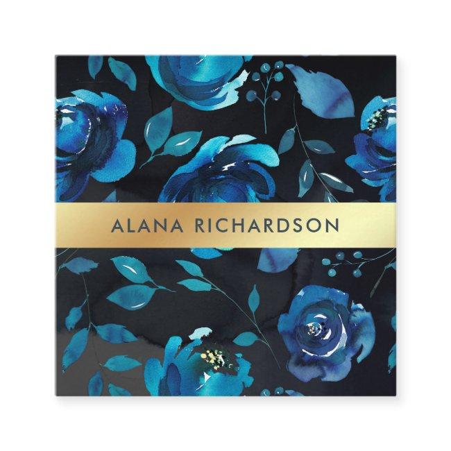 Indigo Blue Floral with Faux Gold Look Square