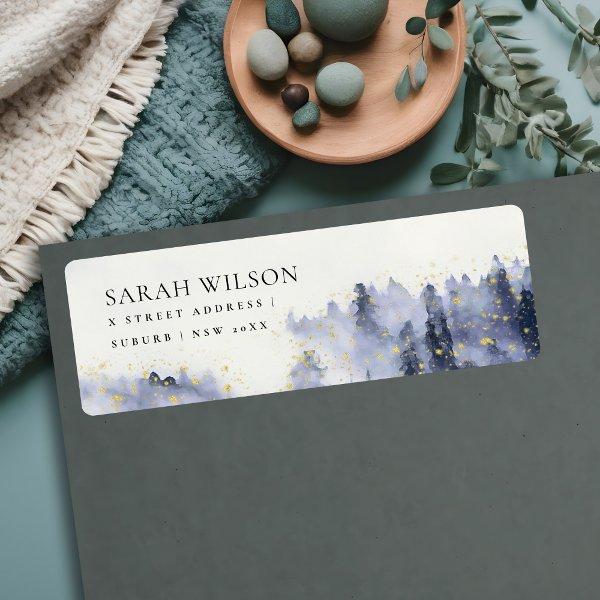 INK BLUE WATERCOLOR LANDSCAPE TREE FOLIAGE ADDRESS LABEL