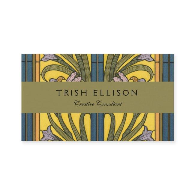 Iris Flower Art Nouveau Stained Glass Blue Gold