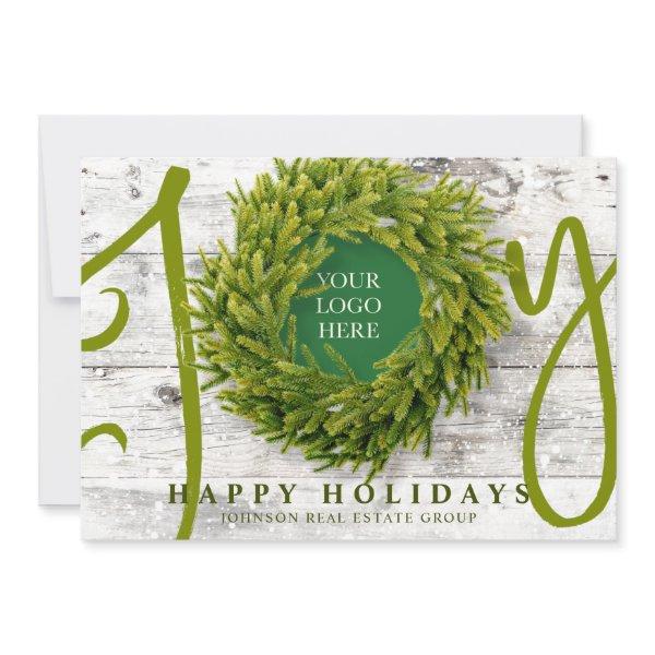 Joy and Pine with Logo Modern Rustic Business Holiday Card