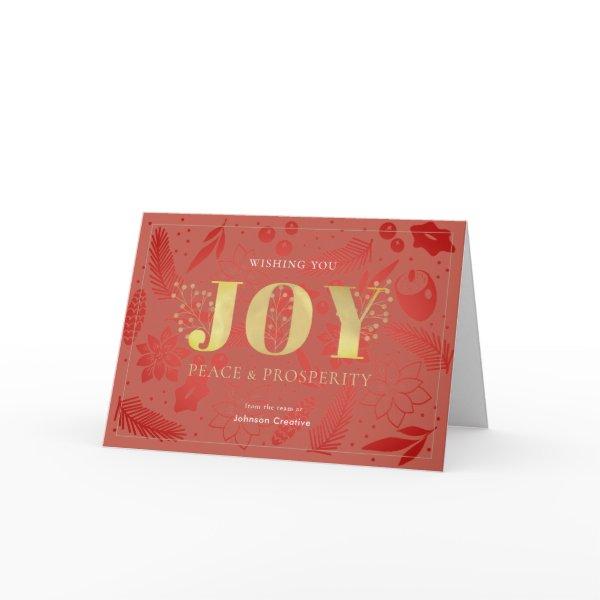 JOY Chic Red Floral Pattern Business Holiday Card