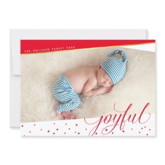 JOYFUL CHRISTMAS PHOTO modern calligraphy red gold Holiday Card
