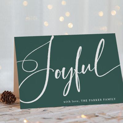 Joyful | Elegant Script on Green Holiday Card