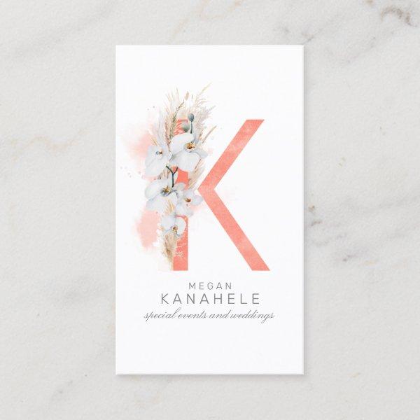 K Letter Monogram White Orchids and Pampas Grass