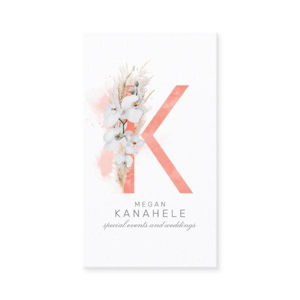 K Letter Monogram White Orchids and Pampas Grass