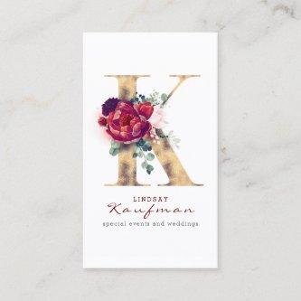 K Monogram Burgundy Red Florals and Gold Glitter