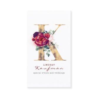 K Monogram Burgundy Red Florals and Gold Glitter