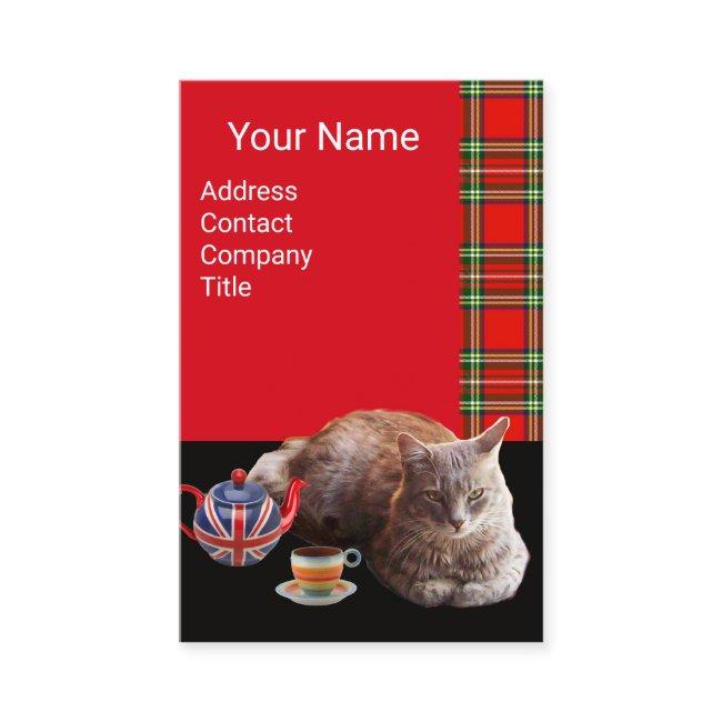 "KEEP CALM AND KITTY ON" CAT TEA PARTY,RED TARTAN