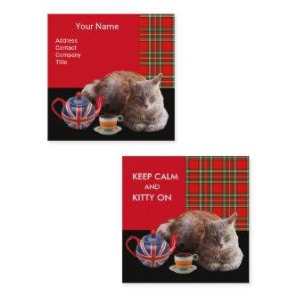 "KEEP CALM AND KITTY ON" CAT TEA PARTY,RED TARTAN SQUARE