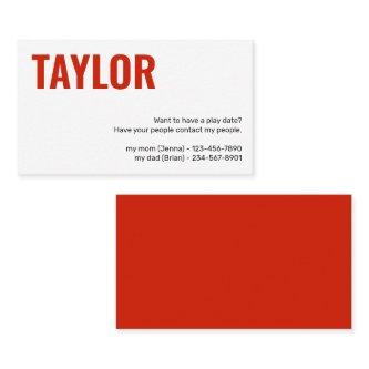 Kids Calling Card Play Date Playdates Girl or Boy