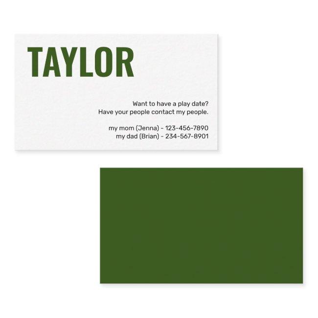 Kids Calling Card Play Date Playdates Girl or Boy