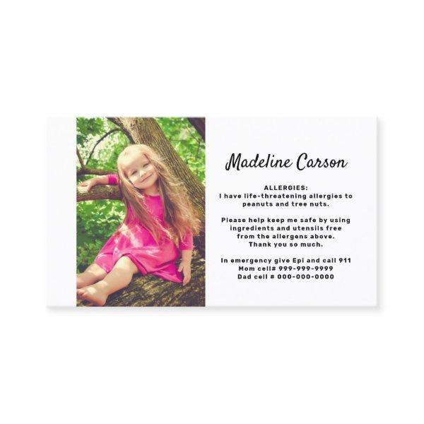 Kids Simple Photo Food Allergy Medical Alert Card