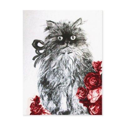 KITTEN WITH RED ROSES , Black and White Postcard