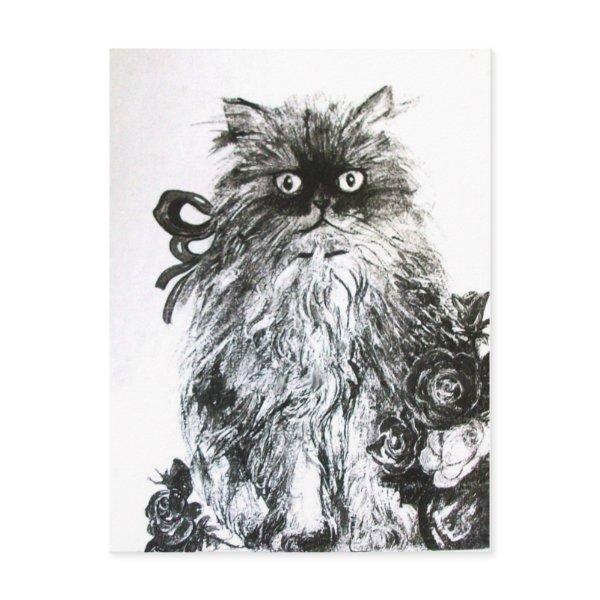 KITTEN WITH ROSES , Black and White Postcard