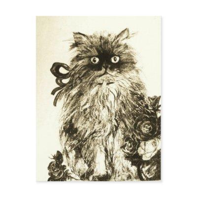 KITTEN WITH ROSES , Brown and White Postcard